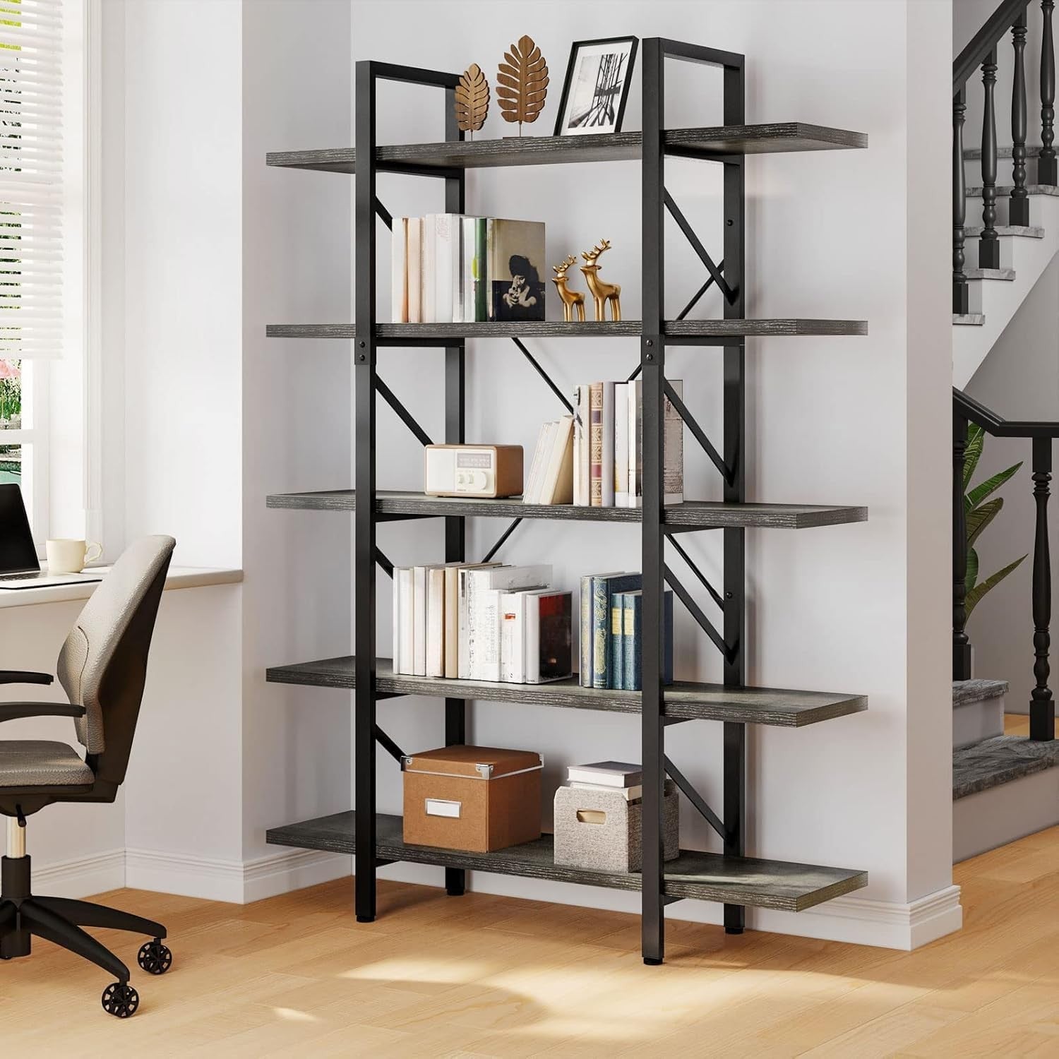 5-Tier Industrial Bookcase | Charcoal Grey & Black Wide Storage Shelf Unit