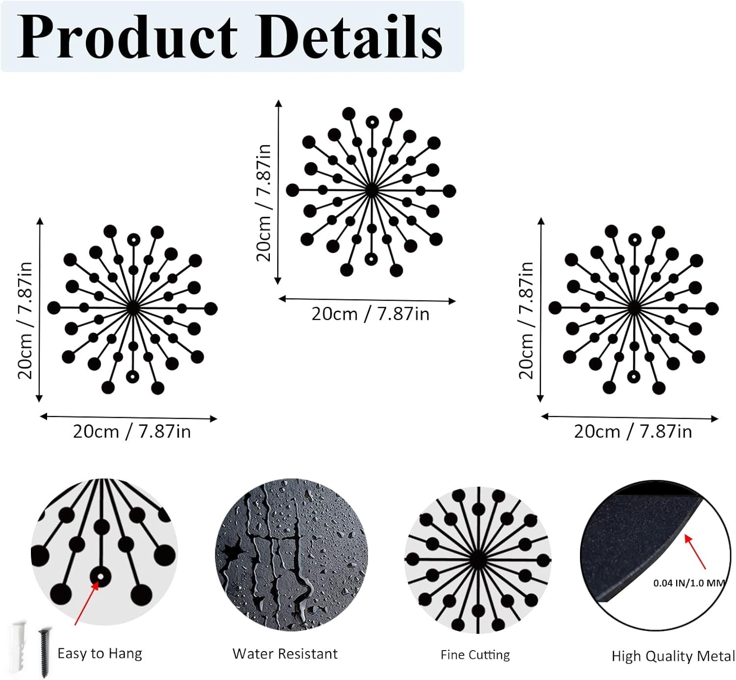 Metal Sunburst Wall Art Set 3 Modern Abstract Black Hanging Decor