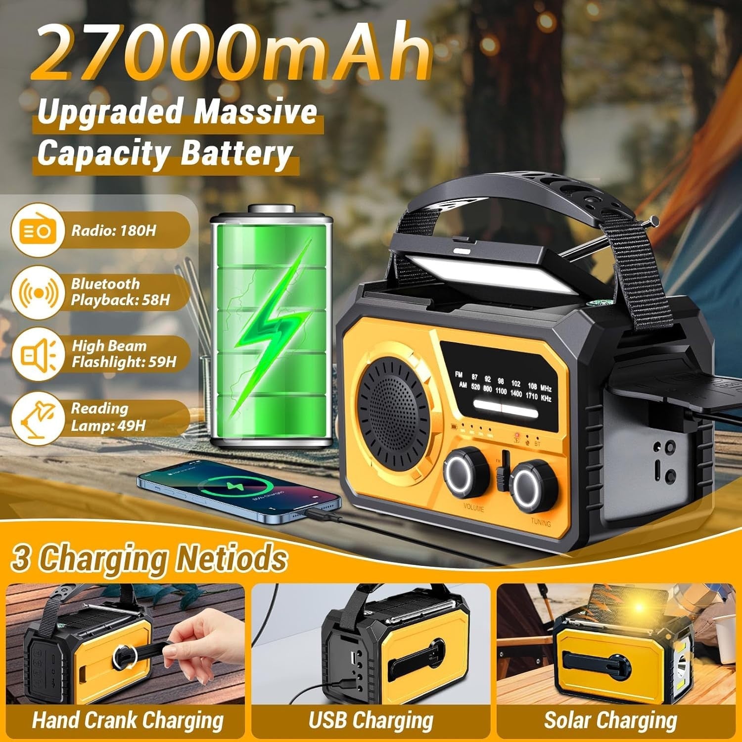 Emergency Wind Up Solar Radio 27000mAh Power Bank AM/FM Torch Orange