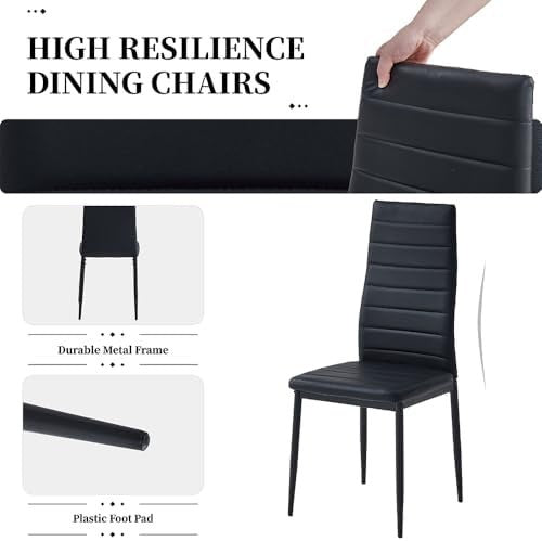 Round Glass Dining Table Set 4 Seater 90cm Black Faux Leather Chairs