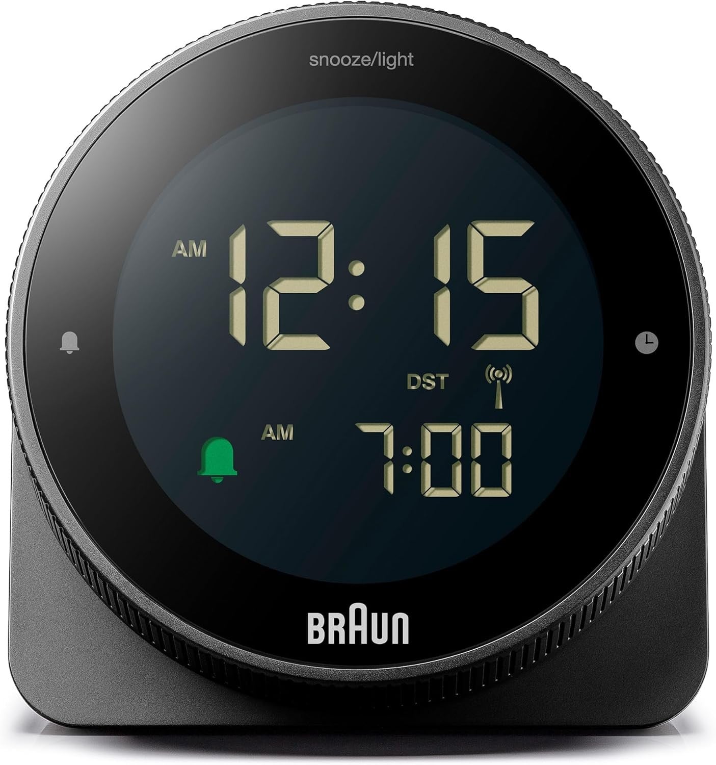 Radio Controlled Digital Alarm Clock Silent Snooze Reverse LCD Black
