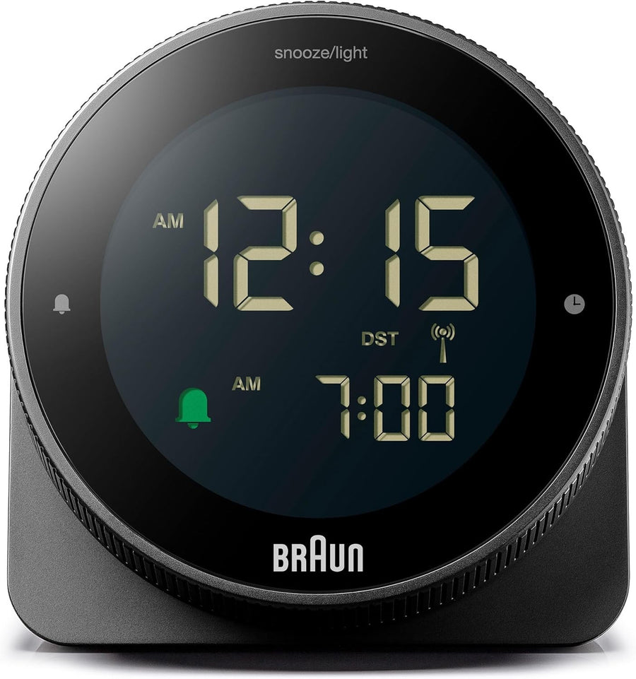 Radio Controlled Digital Alarm Clock Silent Snooze Reverse LCD Black