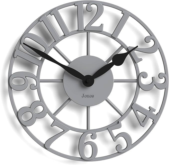 Grey 30cm Skeleton Wall Clock Silent Modern Raised Numerals Metal Home Decor