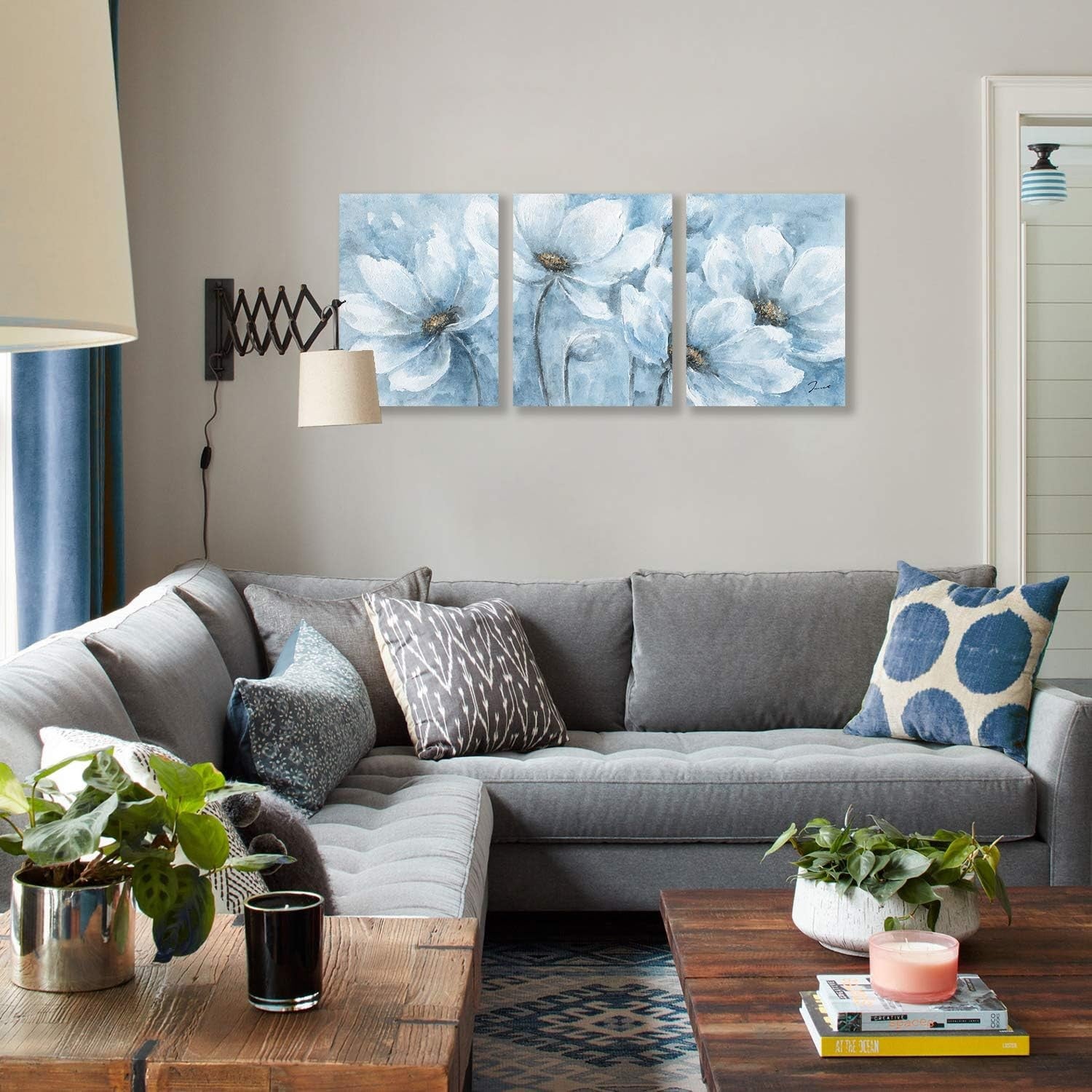 Blue Magnolia Canvas Wall Art Set of 3 Framed 30x40cm