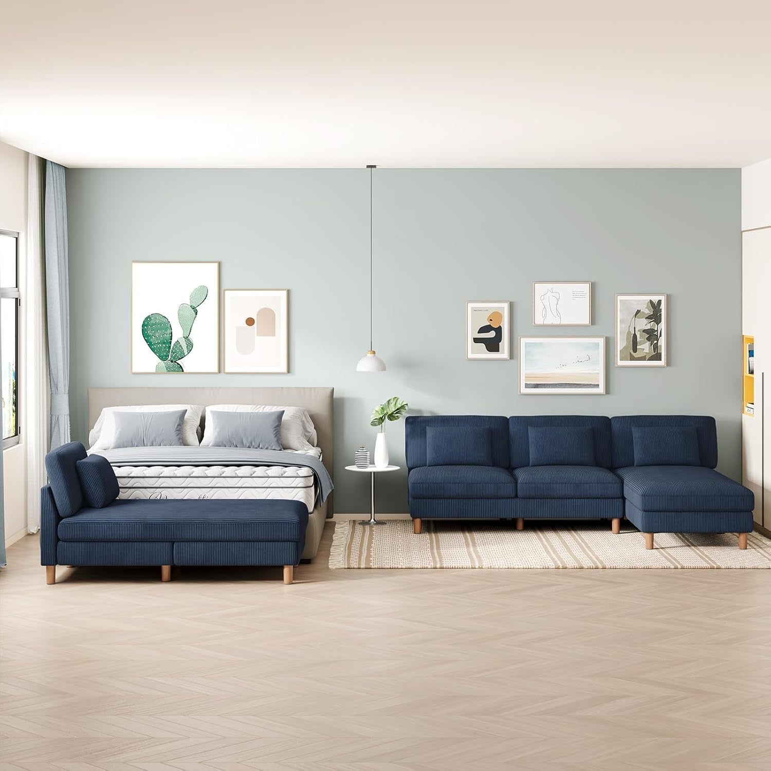 5 Seater U-Shaped Sofa Blue Corduroy with Double Chaise & Washable Covers