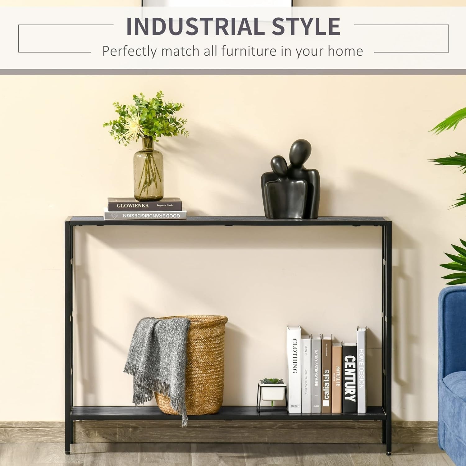 Slim Black Console Table with Metal Frame, 2 Shelves, Hallway Storage
