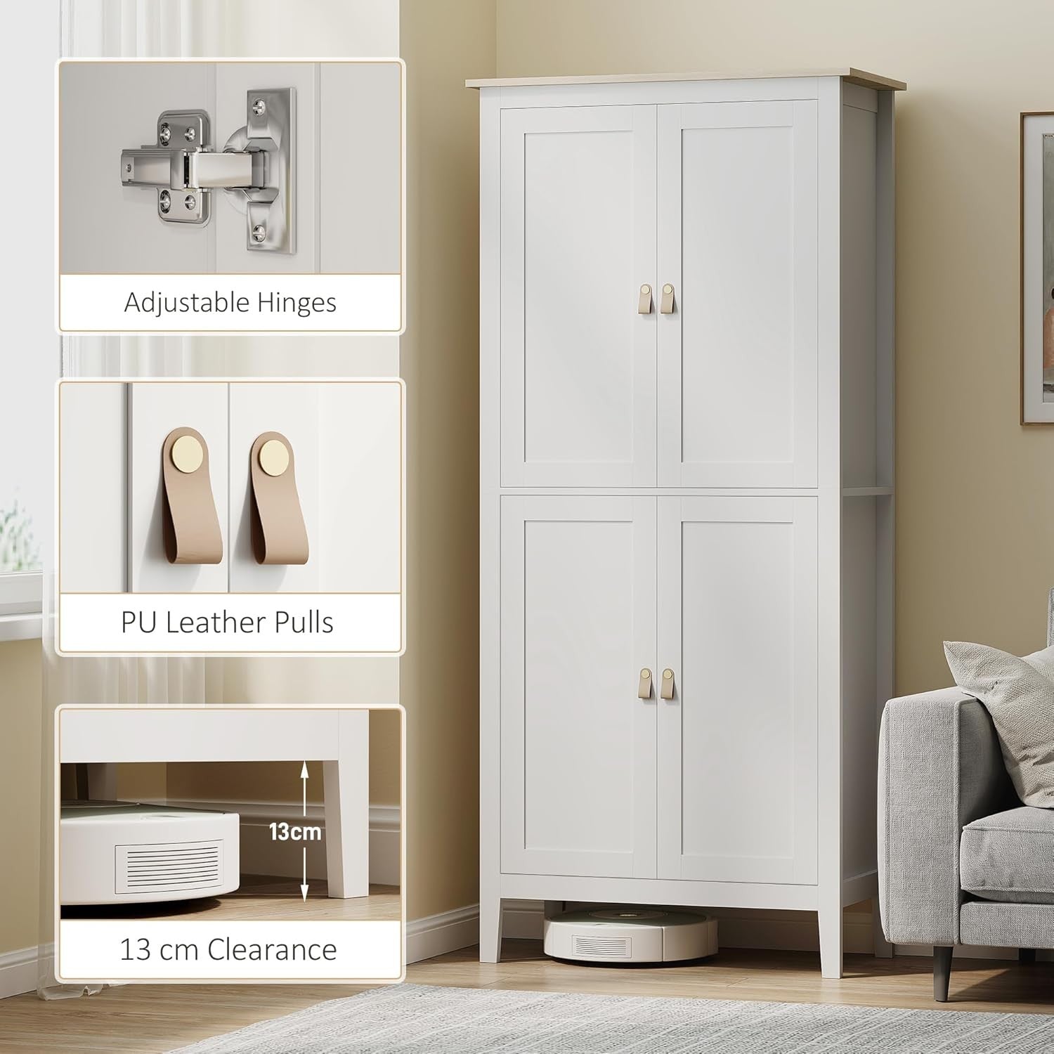 Tall White Kitchen Cupboard Cabinet LED Light 177cm Storage Unit Shelves