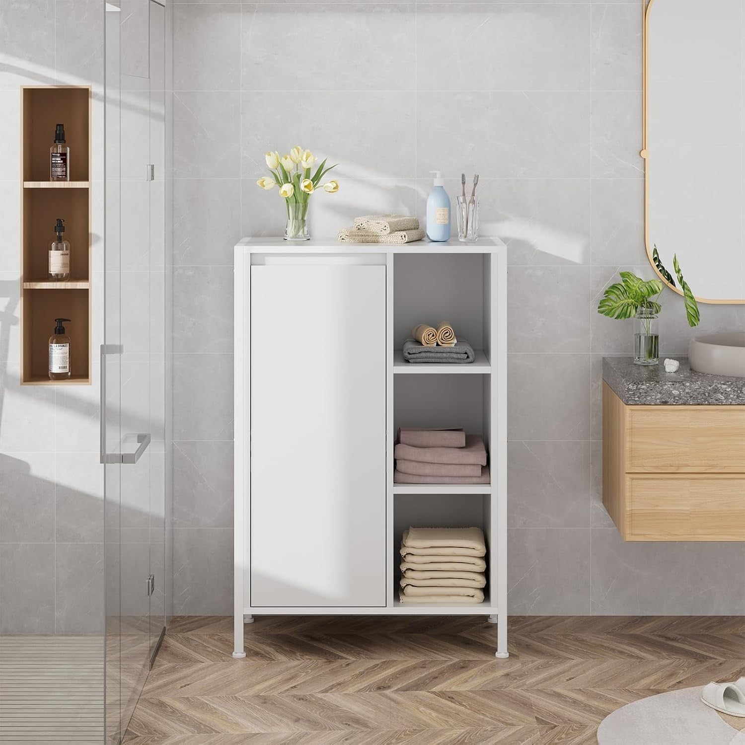 Bathroom Storage Cabinet with Laundry Basket 3 Tier Shelves White Slim Unit