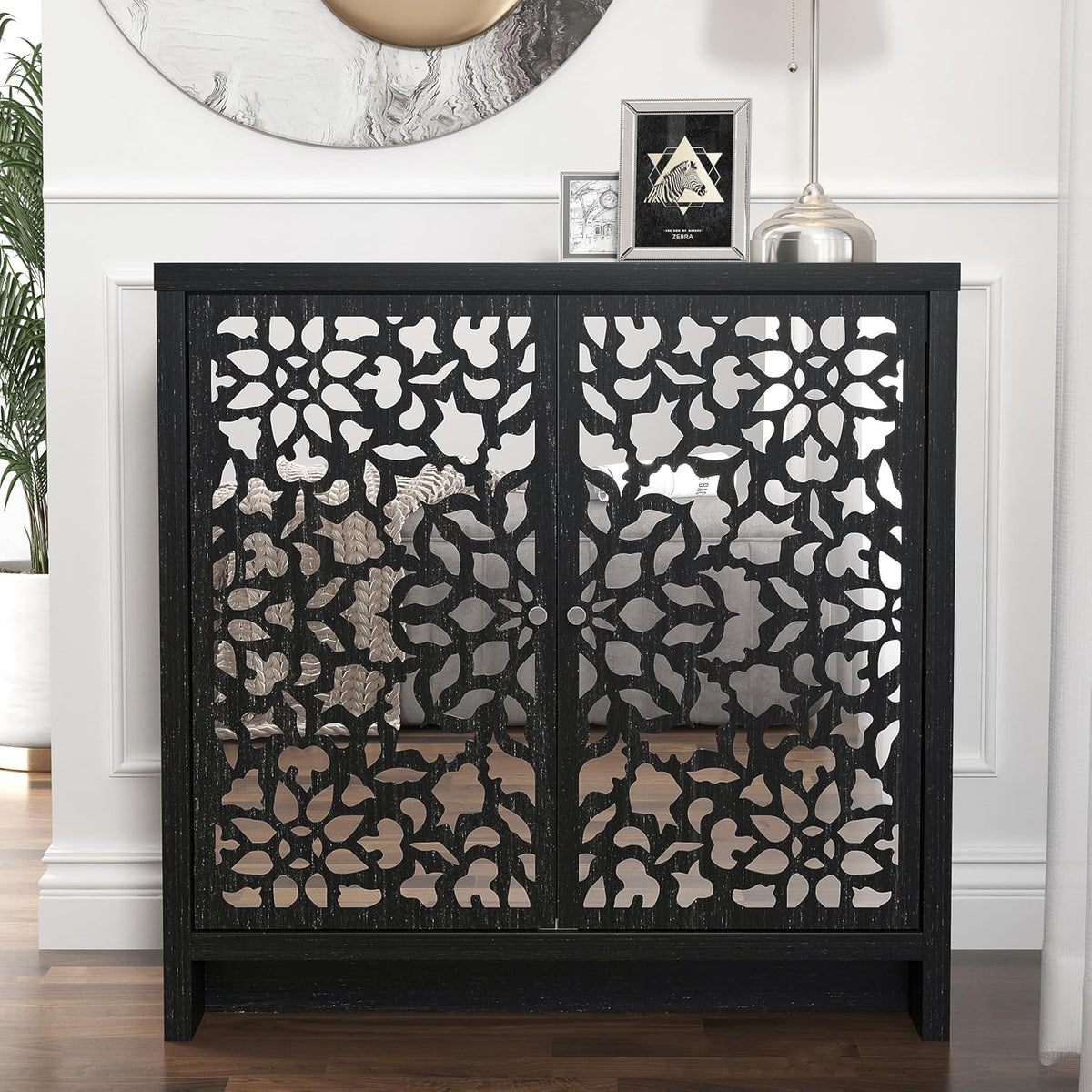 Modern Black Oak Sideboard with Mirror Laser Cut Doors Adjustable Shelf