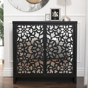 Modern Black Oak Sideboard with Mirror Laser Cut Doors Adjustable Shelf