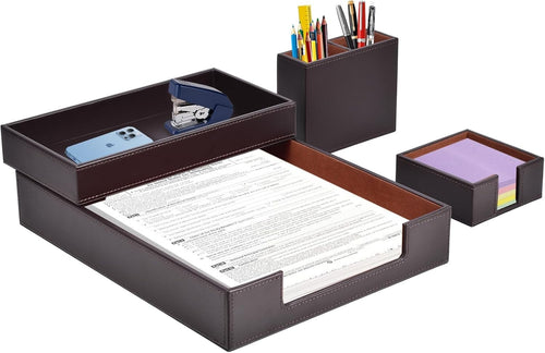 4-Piece PU Leather Desk Organiser Set, Pen Holder, Letter Tray, Note Box