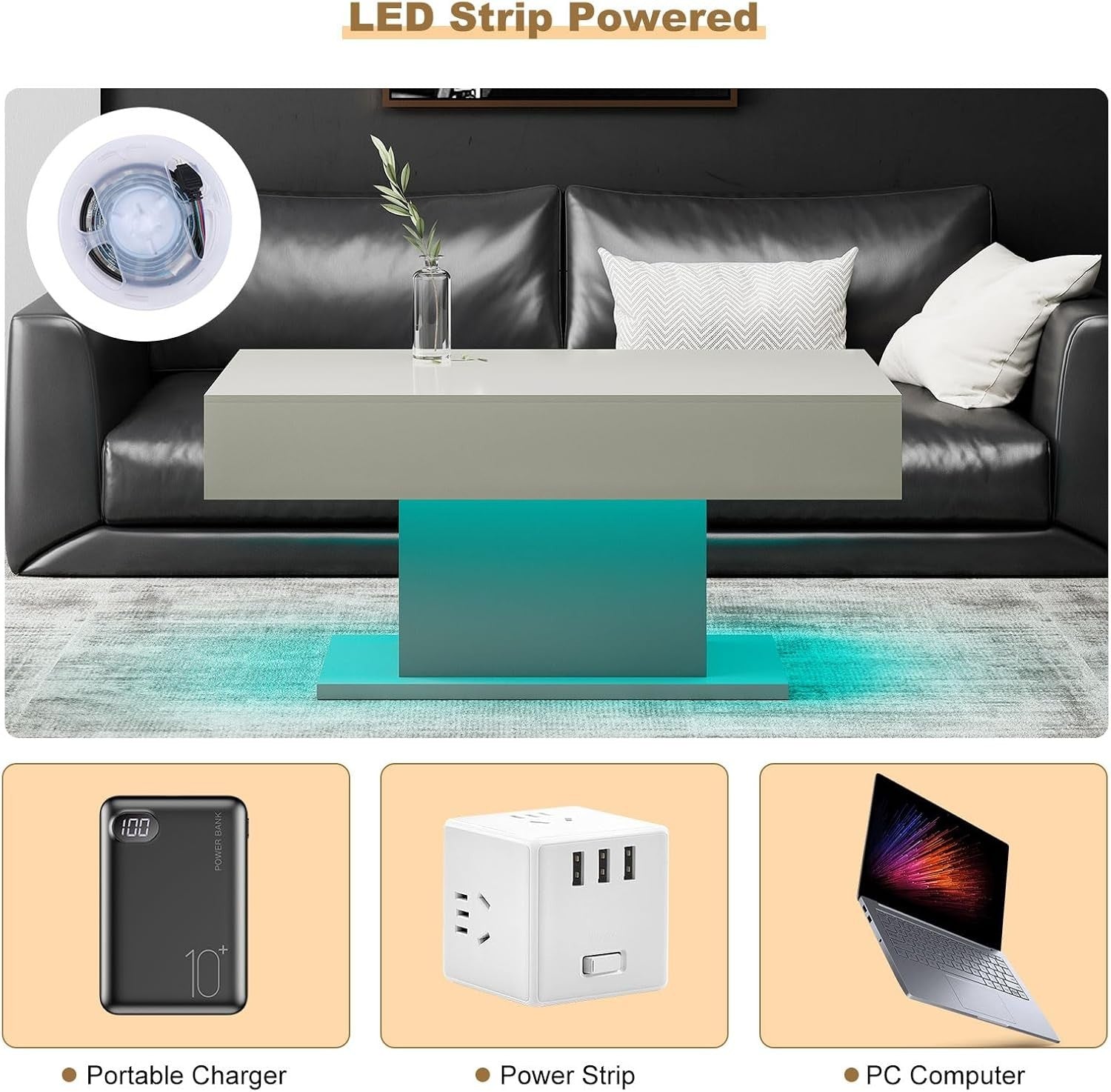Modern Grey LED Coffee Table, High Gloss Rectangular 110x55cm