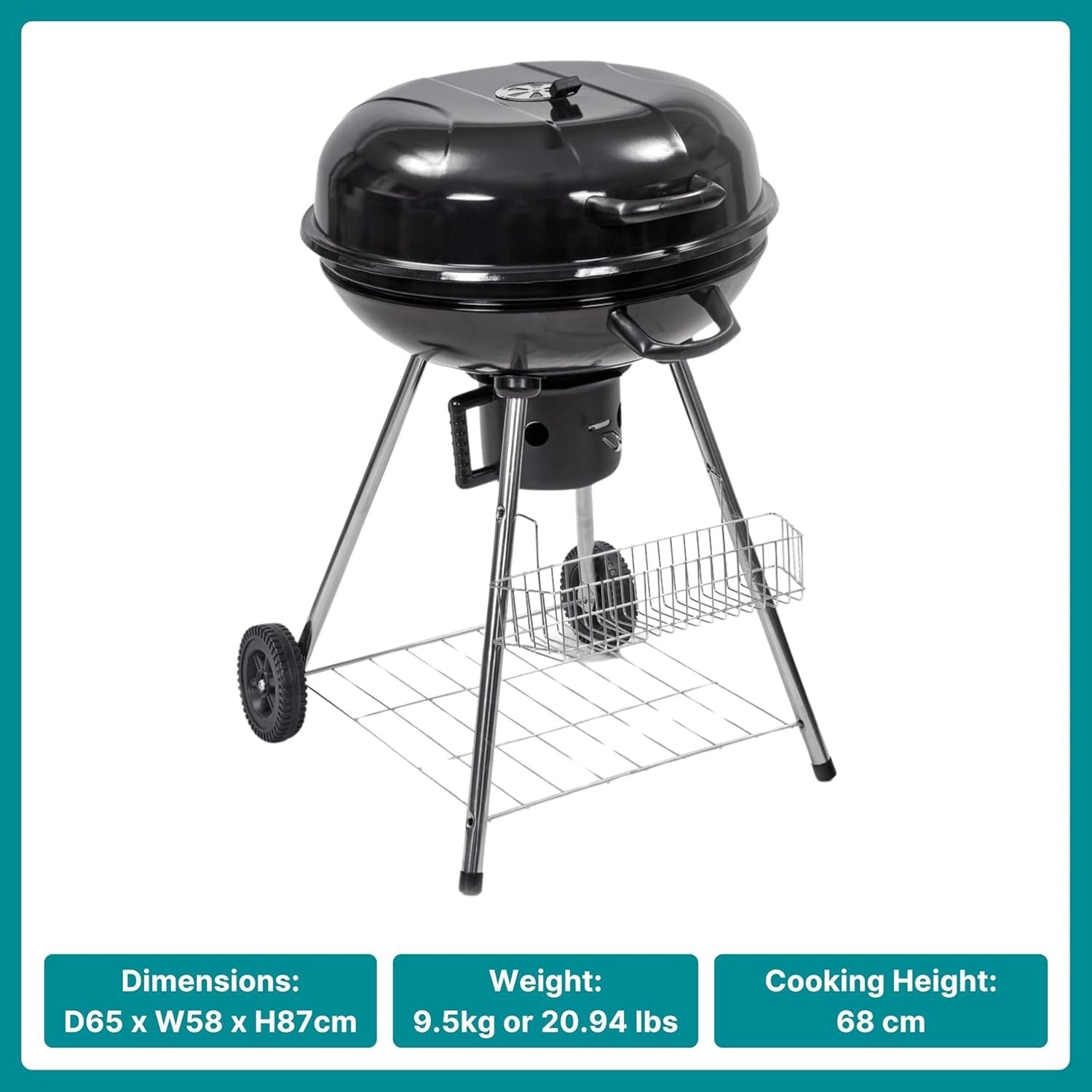 Portable Charcoal Kettle BBQ Grill with Wheels 57cm Smoker