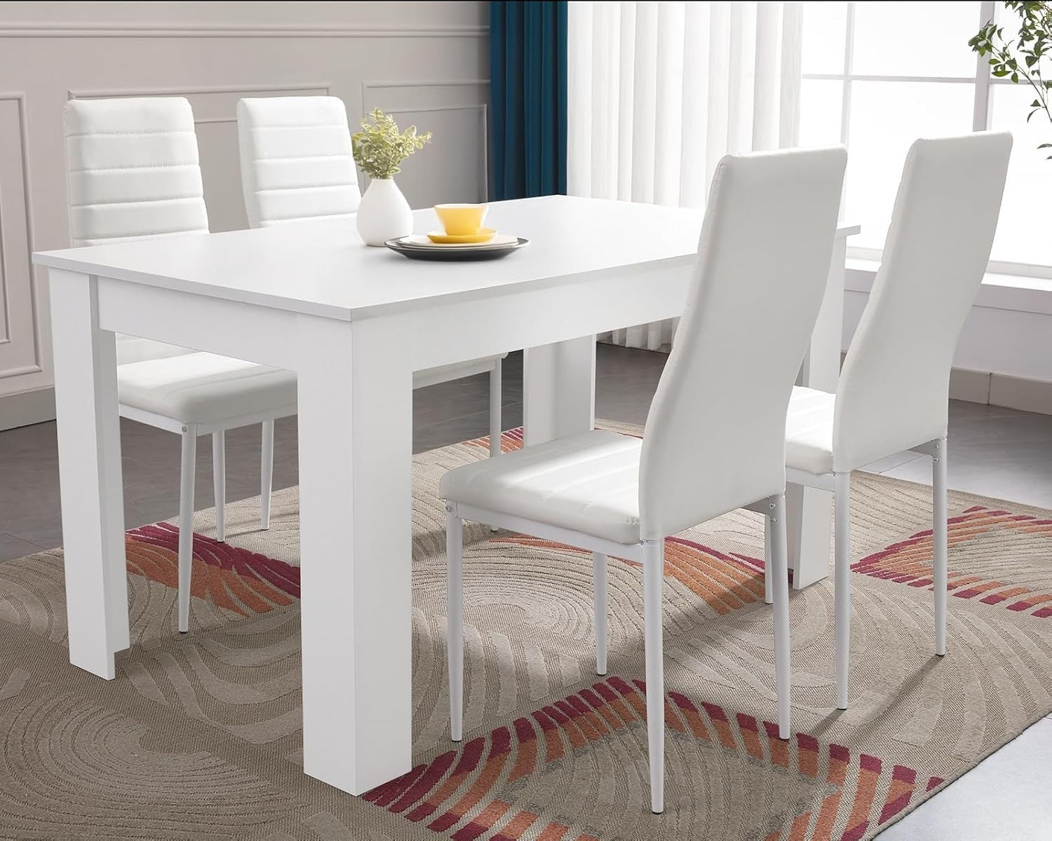 Modern White Dining Table Set 4 High Back PU Leather Chairs 120x80x75cm