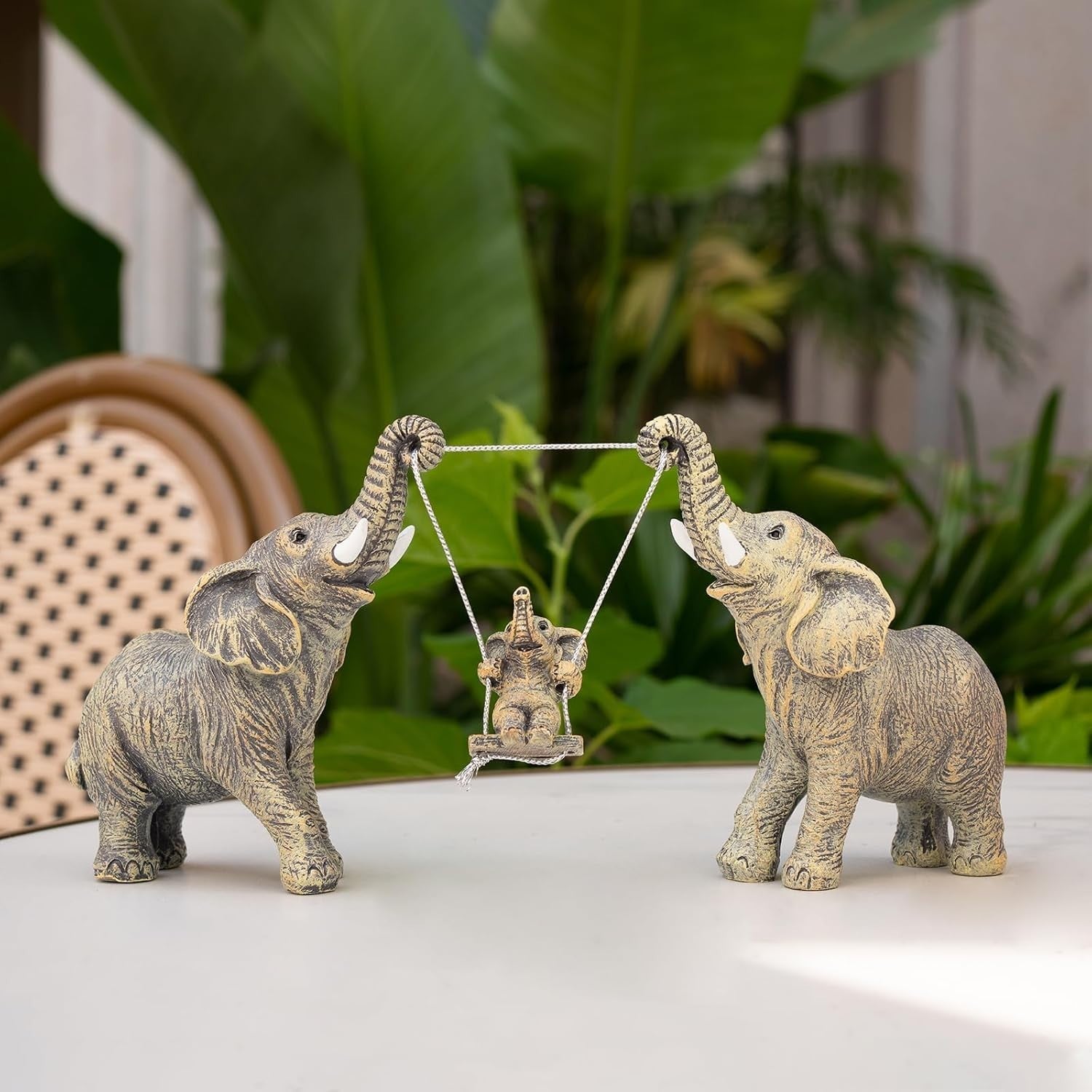 Beige Elephant Figurine Set Resin Good Luck Home Decor Table Centerpiece Gift