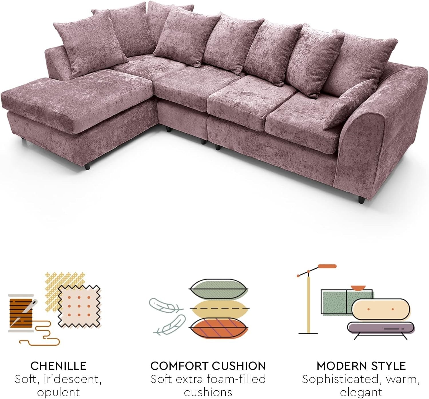 Large Pink Chenille Corner Sofa – Modern L Shape 5 Seater Couch w/ Covers