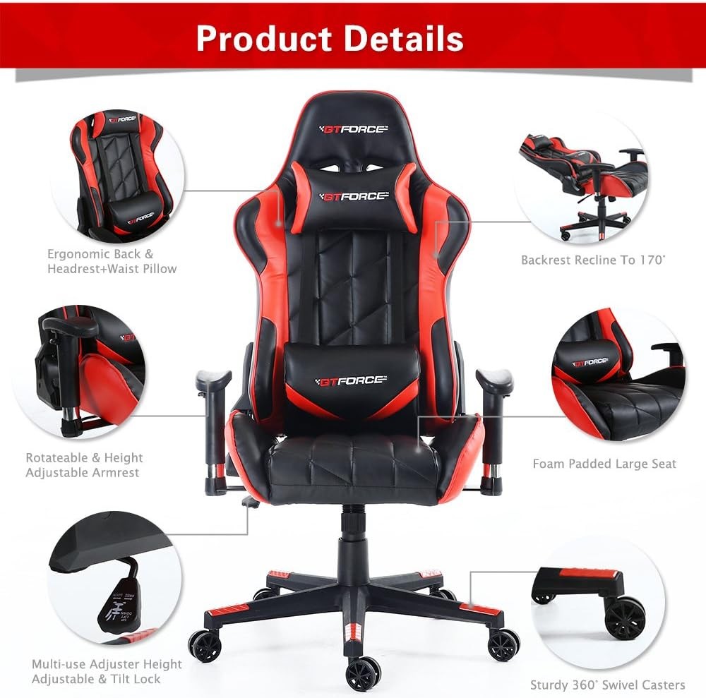 Reclining Gaming Chair Faux Leather Swivel High Back Red