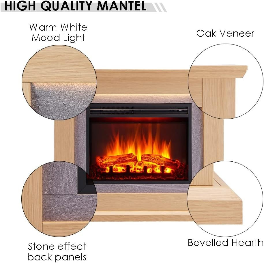 39” Oak Electric Fireplace 2kW LED Fire Heater with Remote & Timer