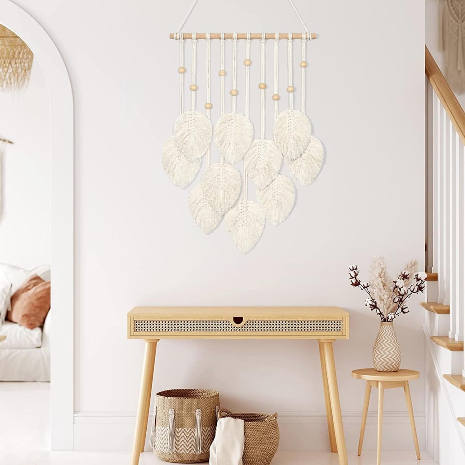 Macrame Wall Hanging Beige Leaf Boho Tassel Wall Decor Handmade
