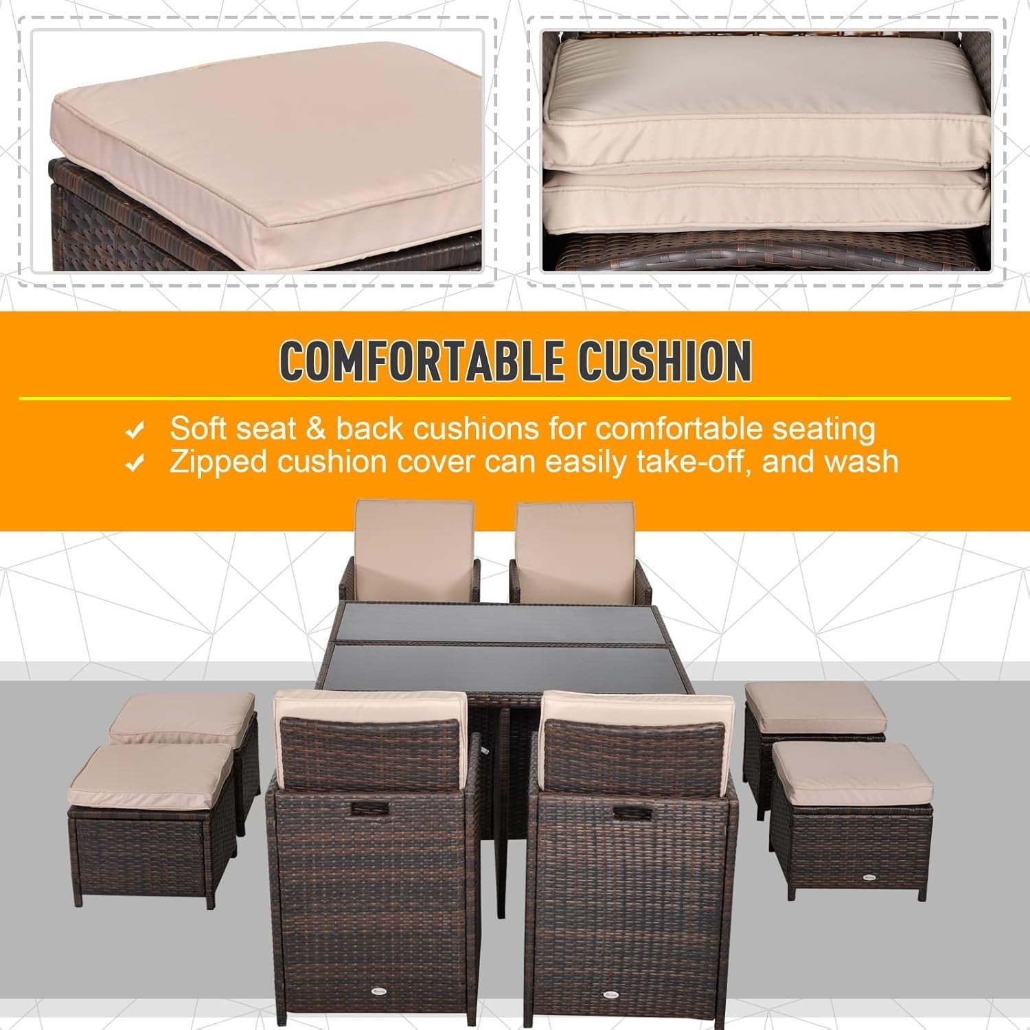 9PC Rattan Outdoor Dining Set 8-Seater with Cushions & Footrests - Modern Patio