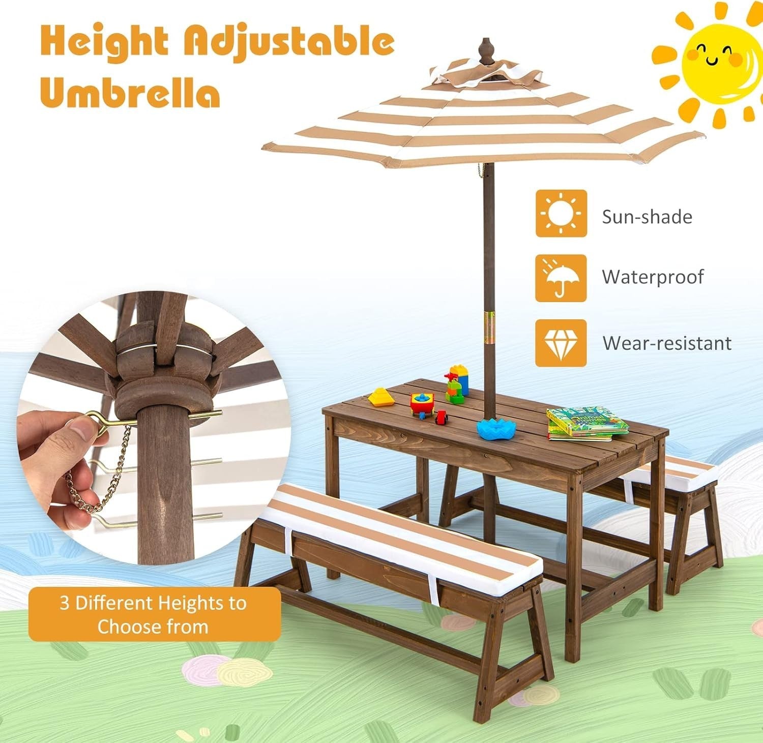Kids Wooden Picnic Table Set with Cushions & Removable Umbrella, Indoor/Outdoor