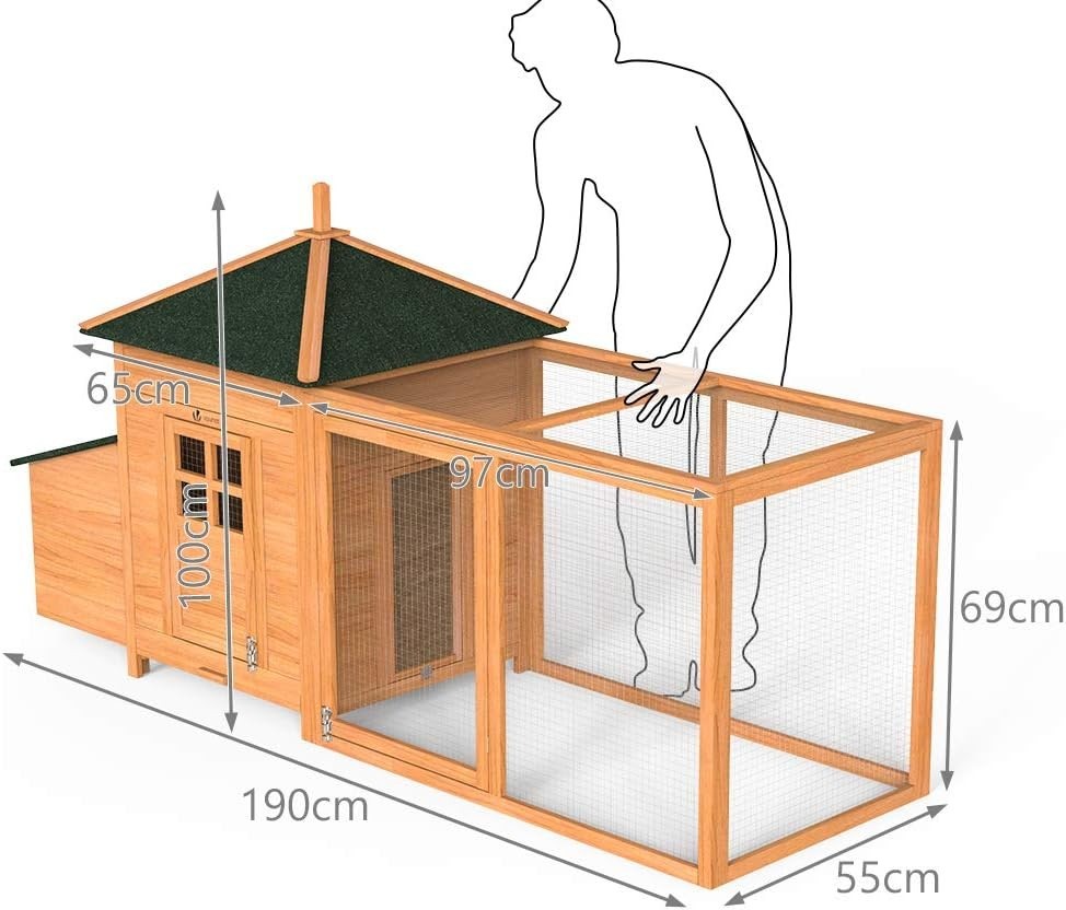 Wooden Chicken Coop with Run Double Nest Box Easy Clean Hutch 2–3 Hens