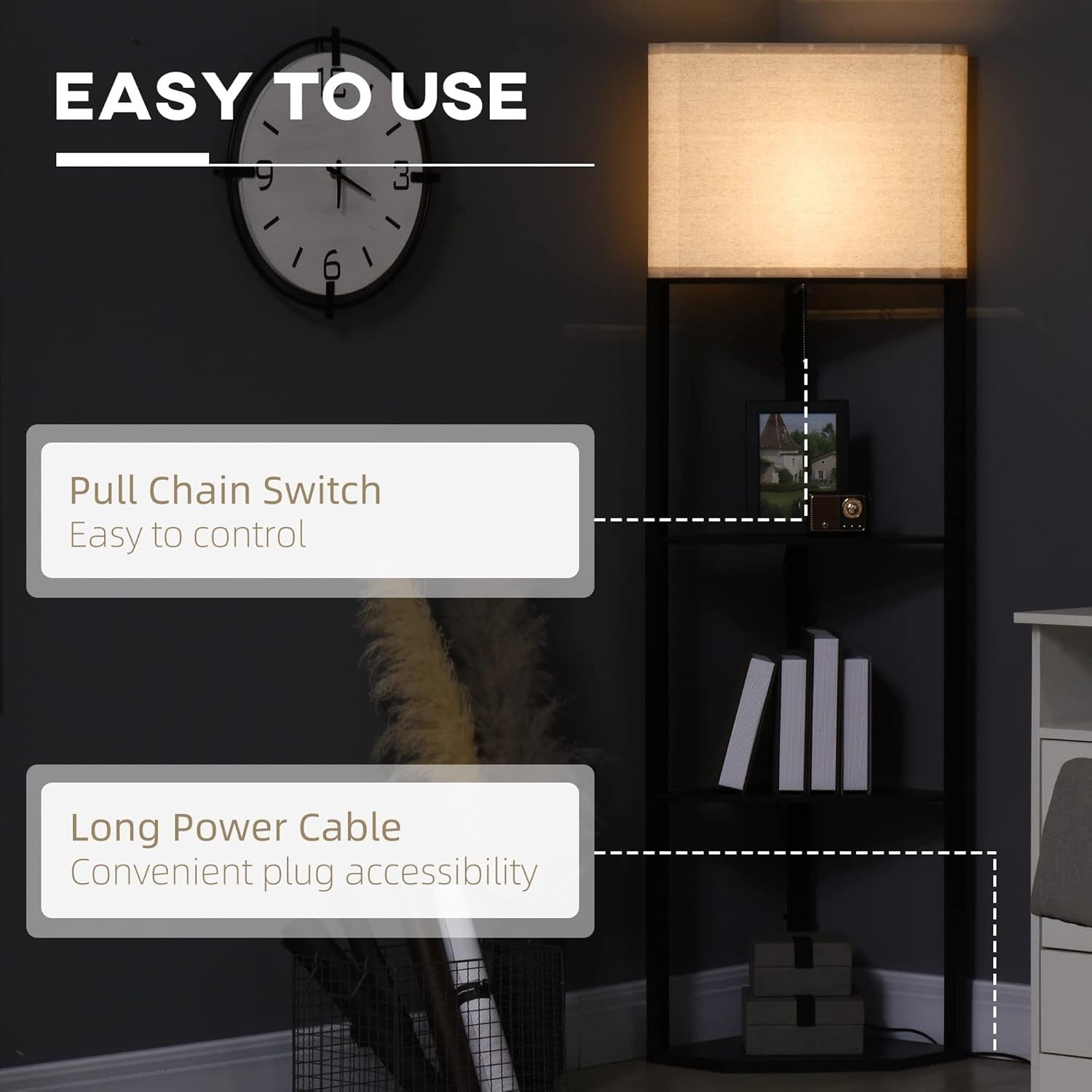Corner Floor Lamp with Shelves Tall Standing Light Storage Black E27