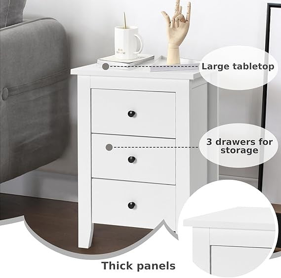 White Wooden Bedside Tables Set of 2 – Modern 3 Drawer Nightstands with Storage