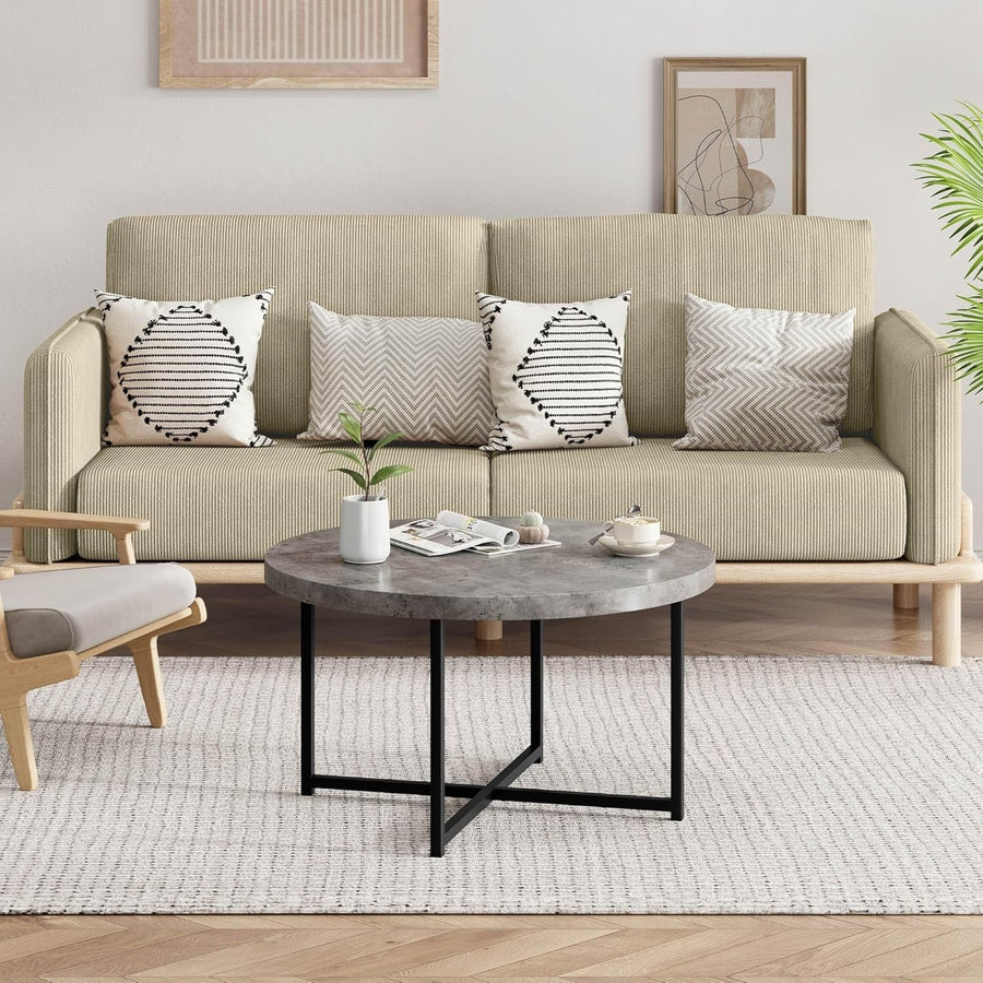 Round Grey Concrete Look Coffee Table 80cm Modern Metal Legs Lounge Table