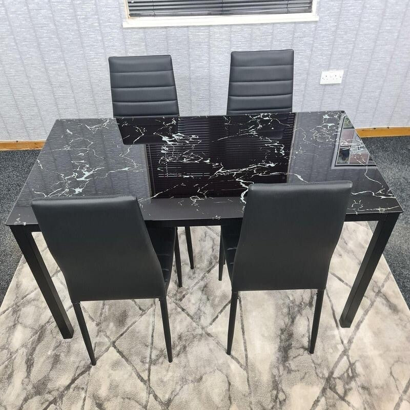 Black Glass Marble Dining Table Set with 4 Faux Leather Chairs Modern