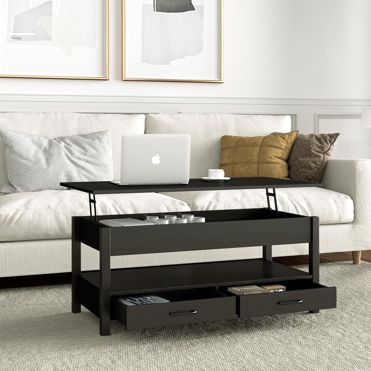 Lift-Up Coffee Table with Storage Drawers & Hidden Compartment Black Wood