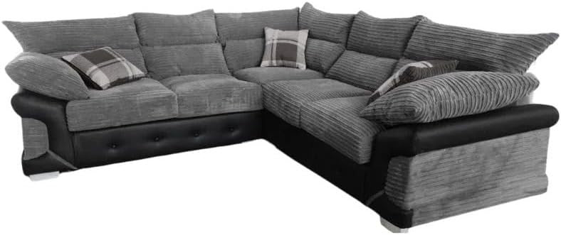 Grey L-Shape 5 Seater Leather & Fabric Sofa – Comfy Jumbo Cord Corner Couch