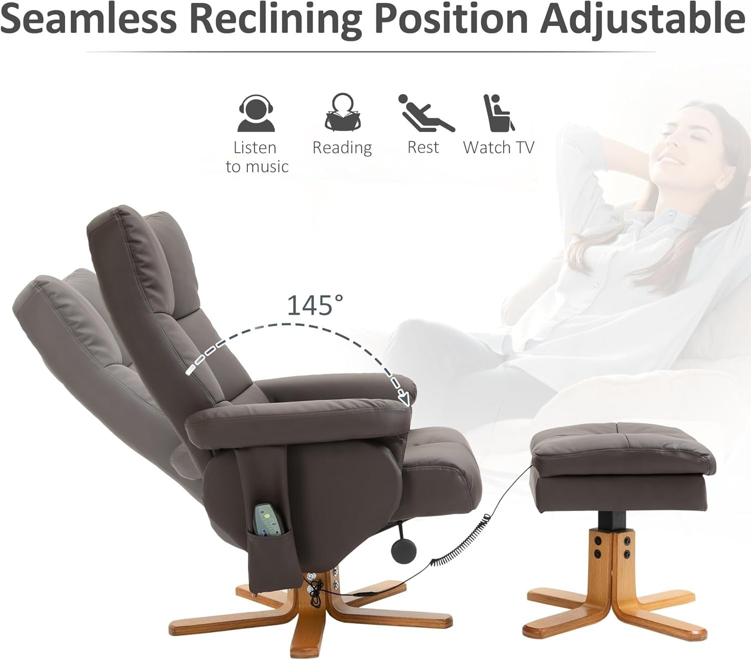 Massage Recliner Chair w/ Footstool Heat 145° Tilt Swivel Faux Leather Brown