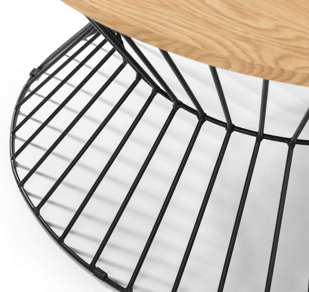 Round Oak Coffee Table with Black Wire Base – Modern Industrial Style 80x80x40
