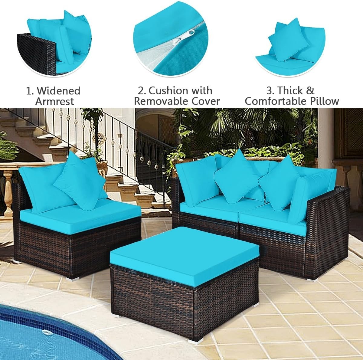 4PC Turquoise Rattan Garden Sofa Set Modular Patio Lounge Coffee Table