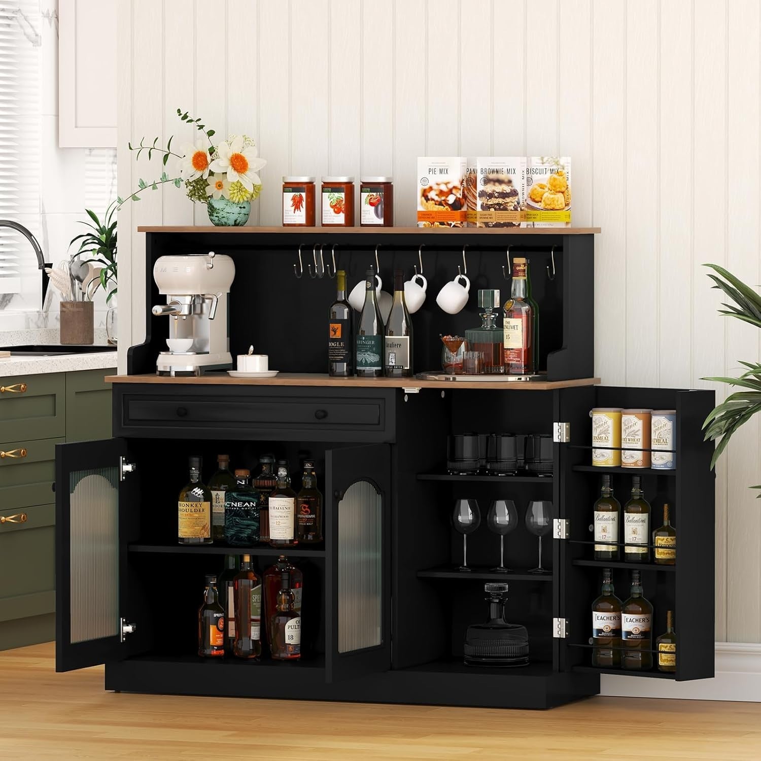 Kitchen Pantry Cupboard Microwave Cabinet Coffee Station Black