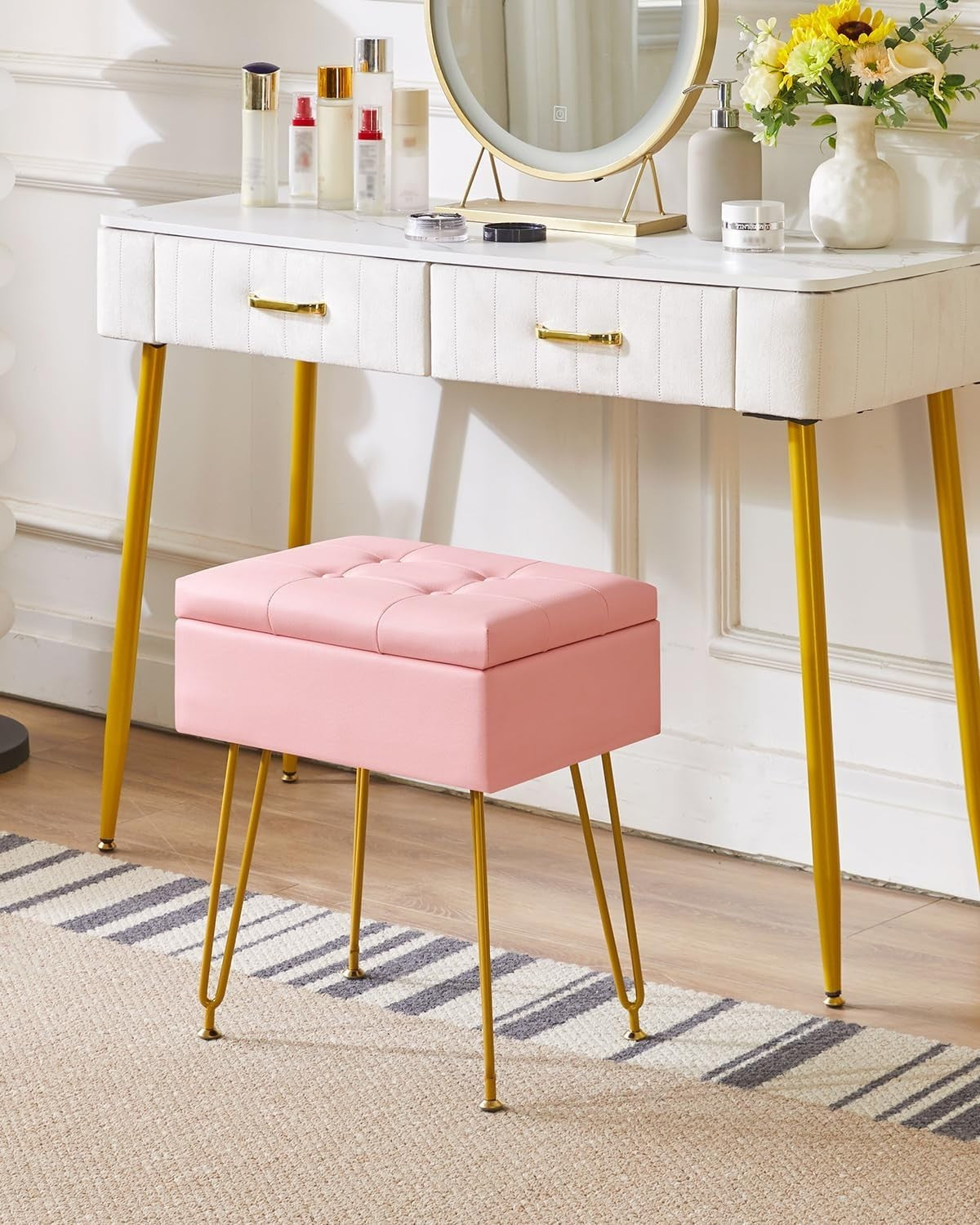 Pink PU Leather Vanity Stool with Storage & Flip Tabletop – Adjustable Legs