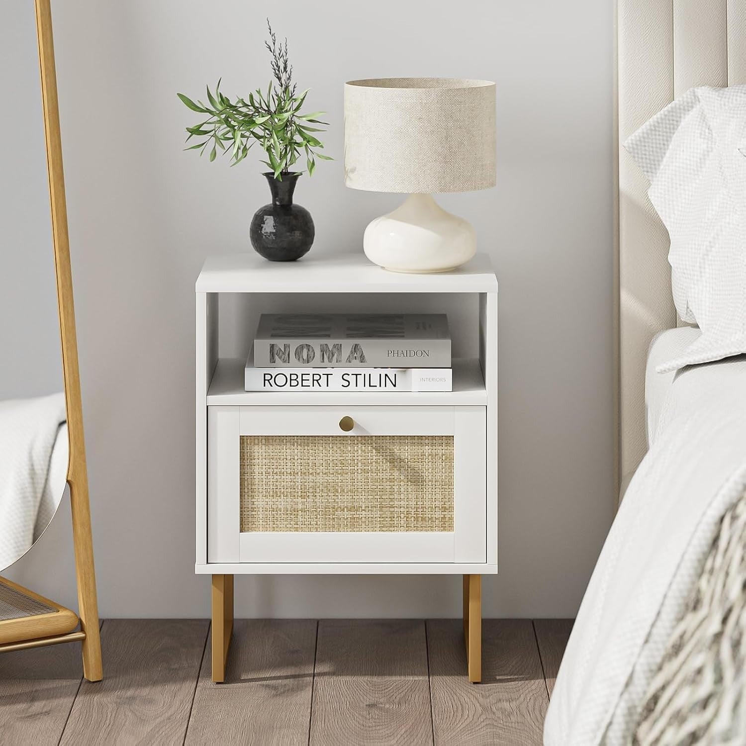 Modern Rattan Bedside Table with Drawer & Shelf – Boho White Wood Nightstand
