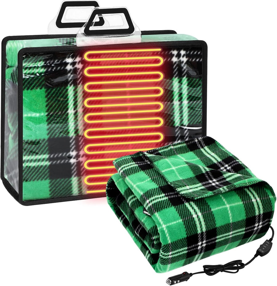 12V Heated Car Blanket Electric Winter Travel Throw Green Plaid Checkered