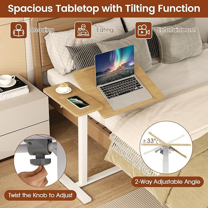Mobile Laptop Table Height Adjustable C Shaped Desk with Wheels Natural 68x40cm