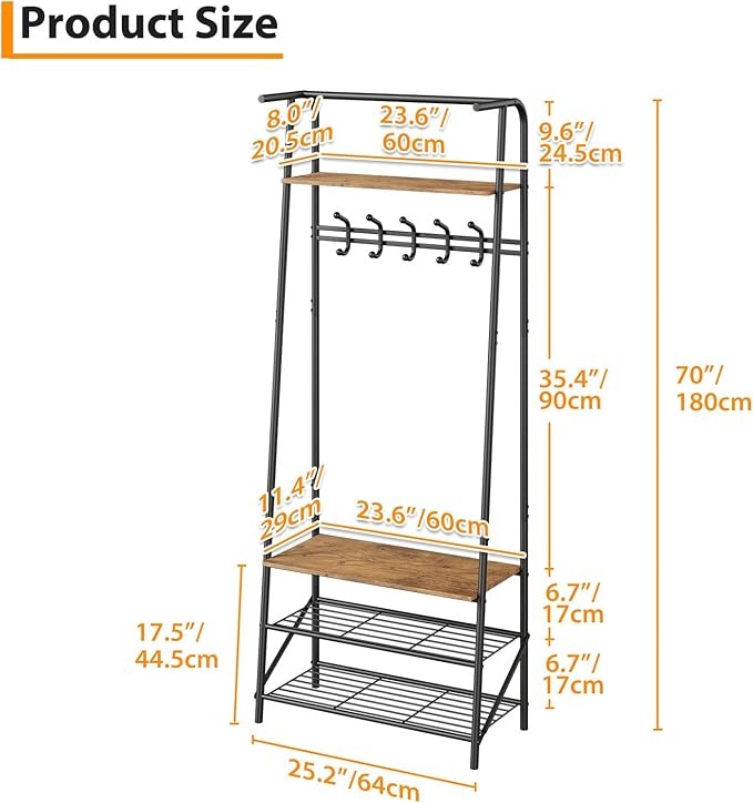 Brown 4-in-1 Coat Rack with Shoe Storage & 5 Hooks Freestanding Hall Tree