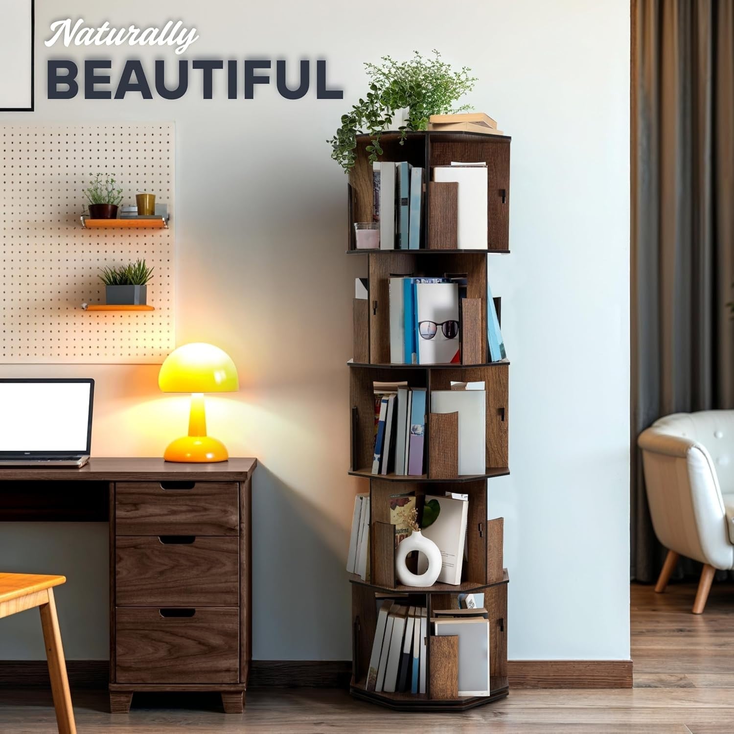 5 Tier Rotating Kids Bookshelf Corner Shelf Walnut Wooden Storage Organizer