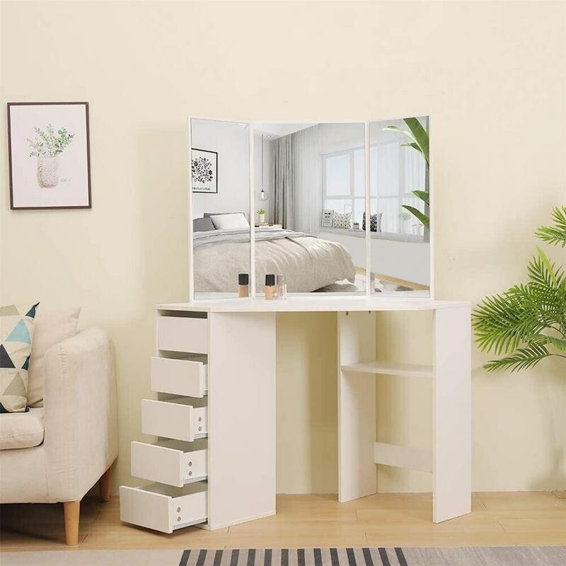 Corner Dressing Table with Mirror Stool Drawers Vanity Desk White MDF