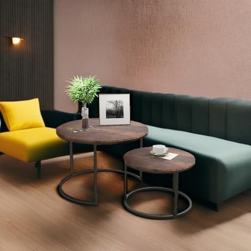 Round Nesting Coffee Tables Set of 2, Wood & Metal, Sturdy, Space-Saving