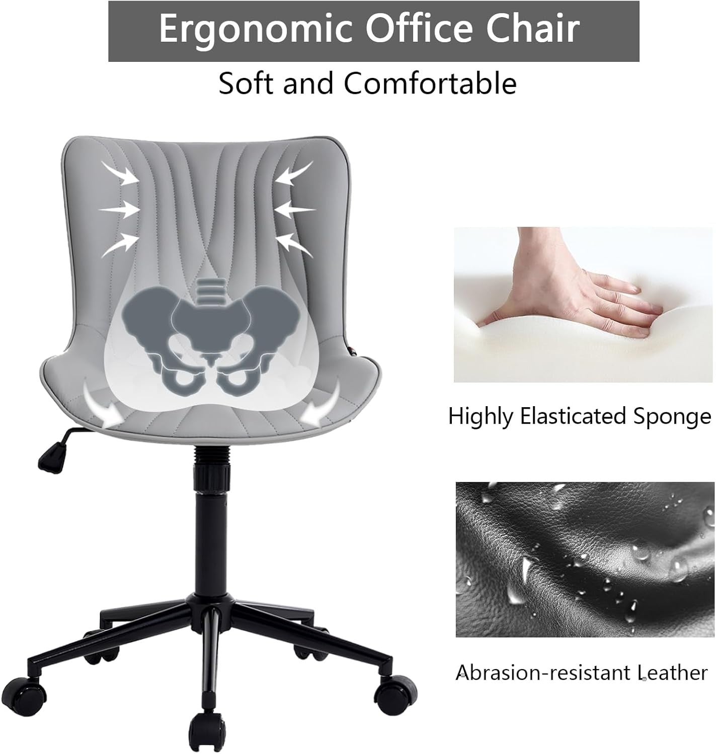 Ergonomic Grey Office Chair Adjustable Height Swivel Faux Leather Desk Seat