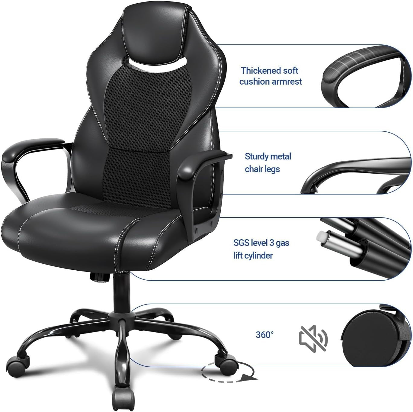 Ergonomic Racing Gaming Desk Chair Swivel Black Faux Leather Adjustable PC Offic