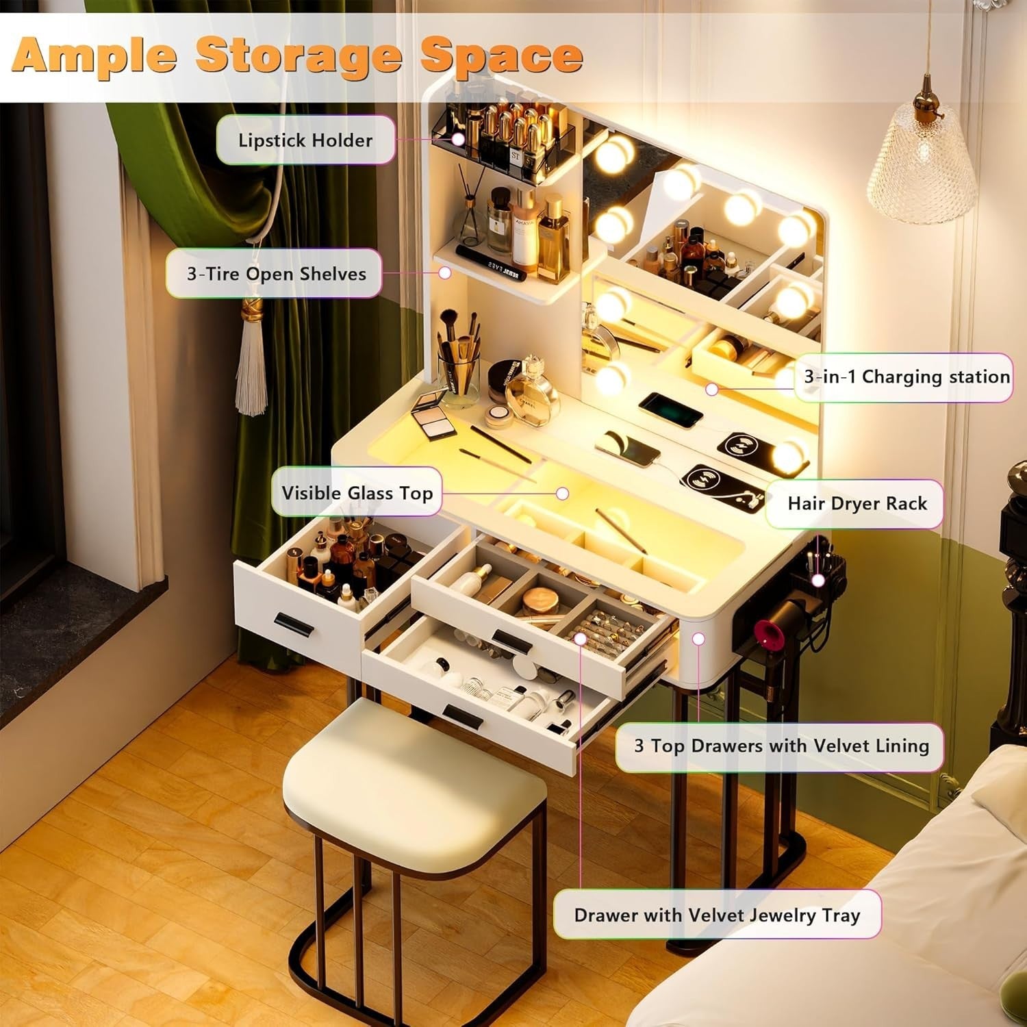 White Vanity Dressing Table LED Light Bulbs Power Strip 2 Drawers Storage Shelve