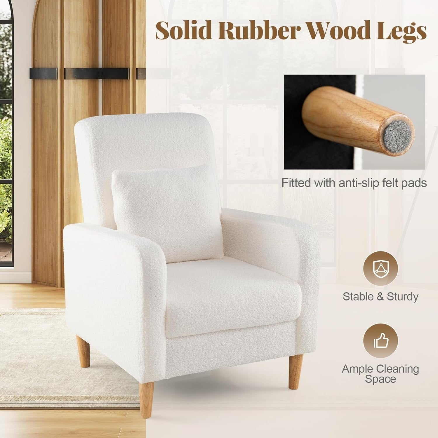 White Teddy Fleece Lounge Chair with Pillow for Bedroom or Living Room