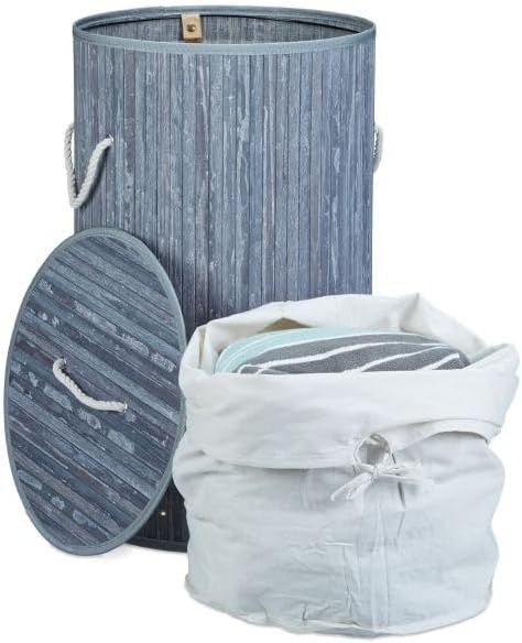 Grey Round Bamboo Laundry Basket 80L with Lid & Cotton Liner Foldable 65×41cm