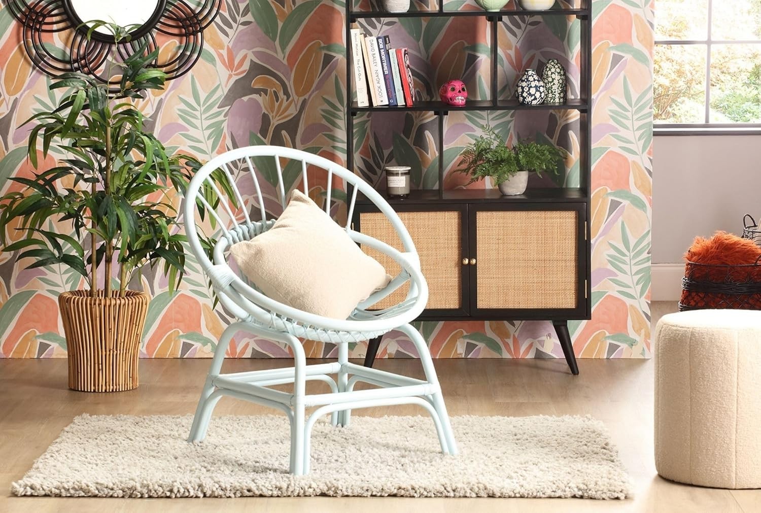 Blue Rattan Wicker Moon Chair Indoor Cane Lounge Armchair Bedroom